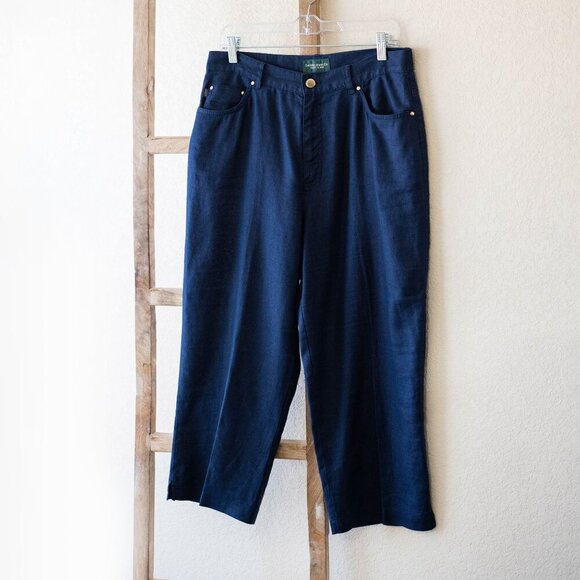 RALPH LAUREN PANTS SZ 10 NAVY BLUE JEANS 100% LINEN CROPPED WIDE LEG - Picture 2 of 8